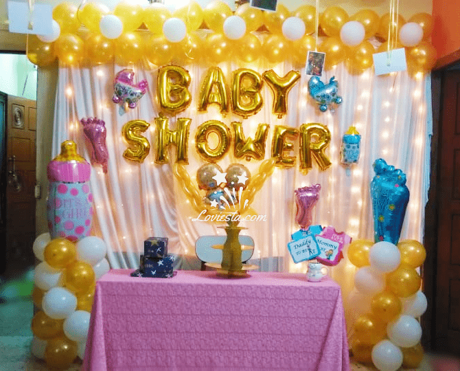Baby Shower Decoration Items Set for Mom to Be - White Net Curtain with  Fairy Lights, Foil Banner, Balloons - Baby Shower Decorations Items Props,  Pregnancy, Maternity Photoshoot - 48Pcs - Party