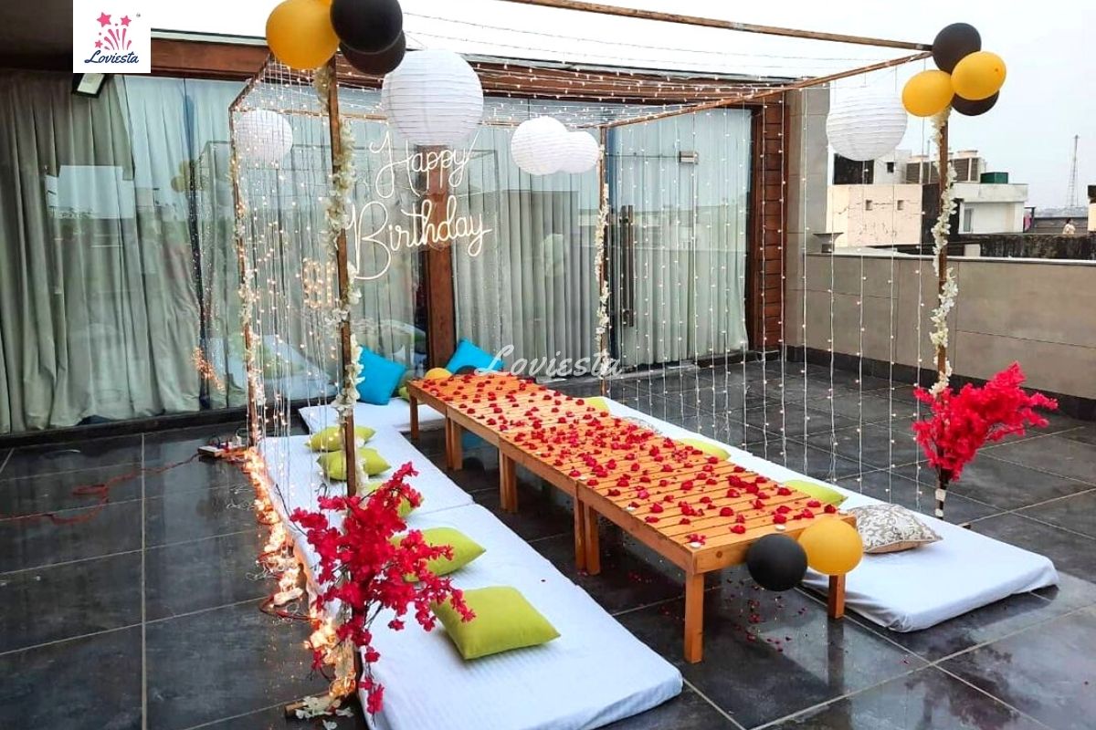 Birthday Surprise decoration on terrace with balloons