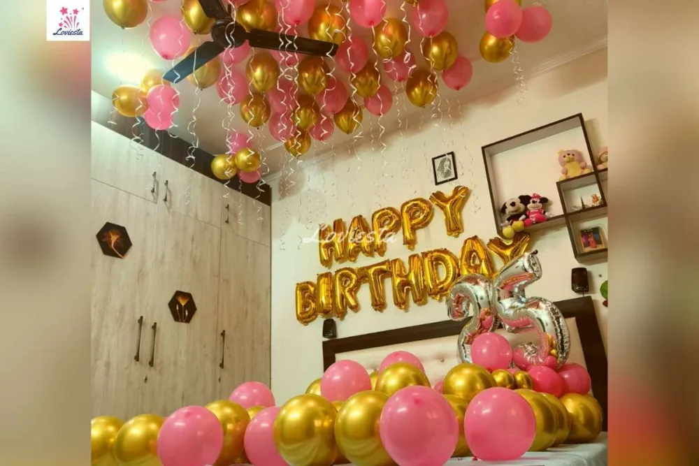 Pink & Gold Balloon Decoration For Birthday At Home