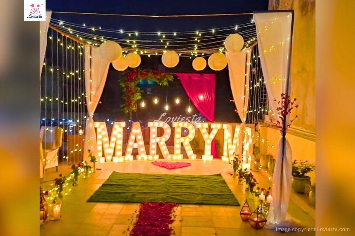 Premium Marriage Proposal Decoration On Rooftop At Home