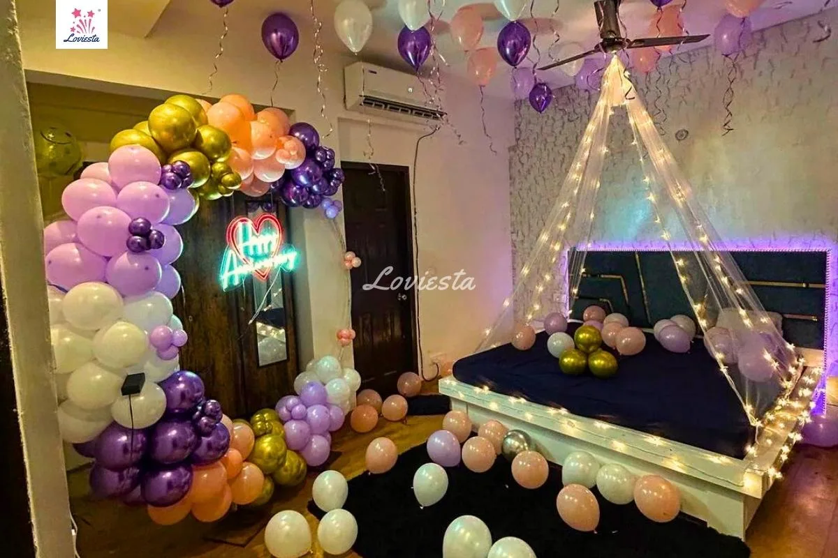 Adoring Anniversary Decoration With Balloon Ring & Canopy At Home 001
