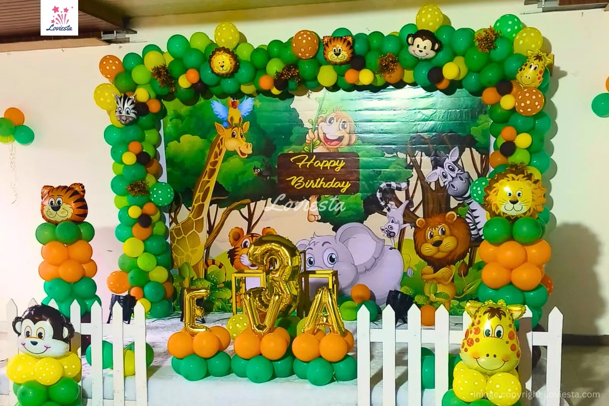 Jungle Theme Balloon Decoration For Kids Birthday In Party Hall