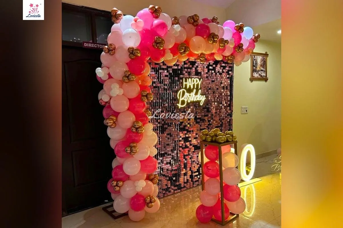 Pink & White Shimmer Theme Balloon Arch Decoration At Home